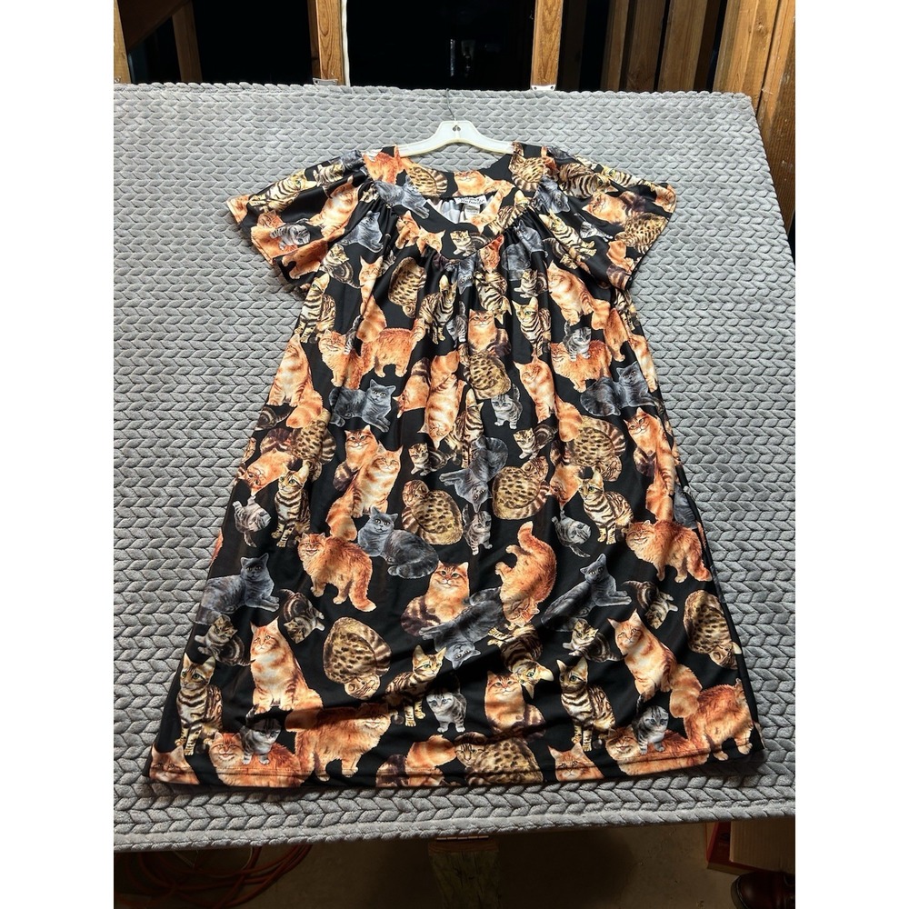 Womens Cat Print Blouse Top Black Orange Short Sleeve Kitty Novelty Shirt 2xl - Picture 1 of 6